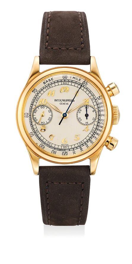 Patek Philippe, ‘A very rare and highly attractive yellow gold chronograph wristwatch with Breguet numerals’, 1949