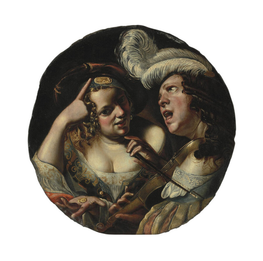A woman with coins and a man making music and singing