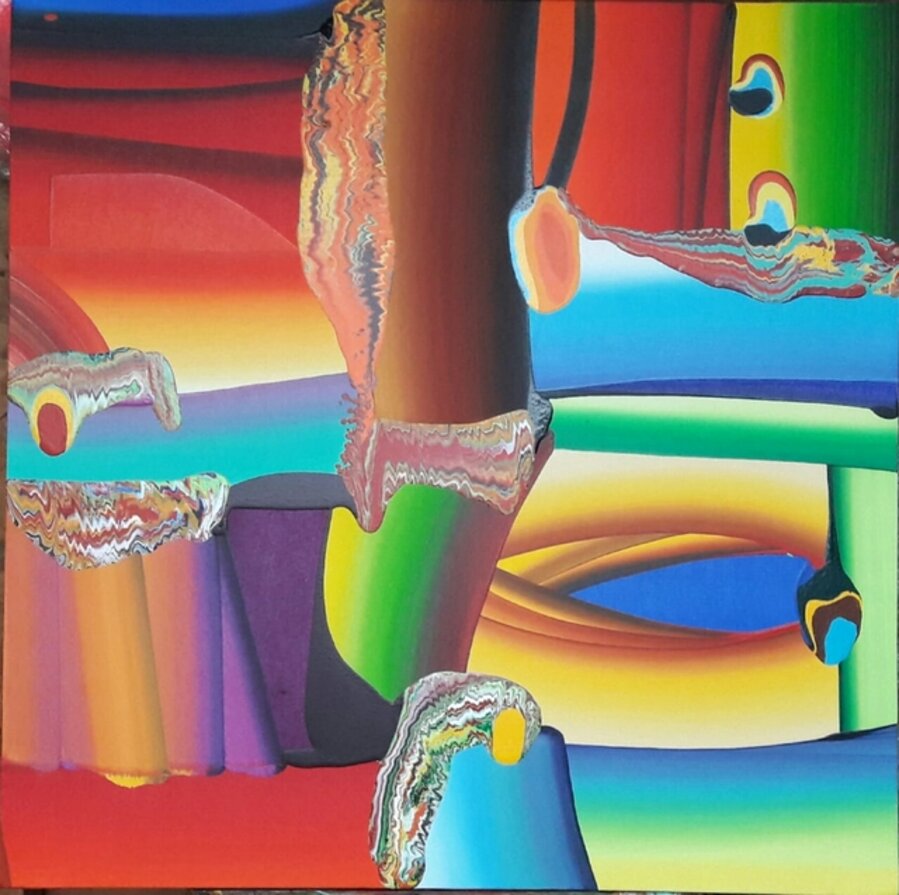 Stretched Bodies, Colorful Abstract Painting, Acrylic on canvas by Indian Artist Bose Krishnamachari