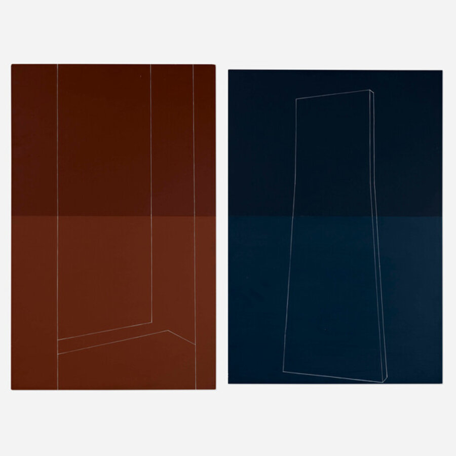 Through A Doorway; Brown and Navy Blue Interior and Velvet Dress (two works)