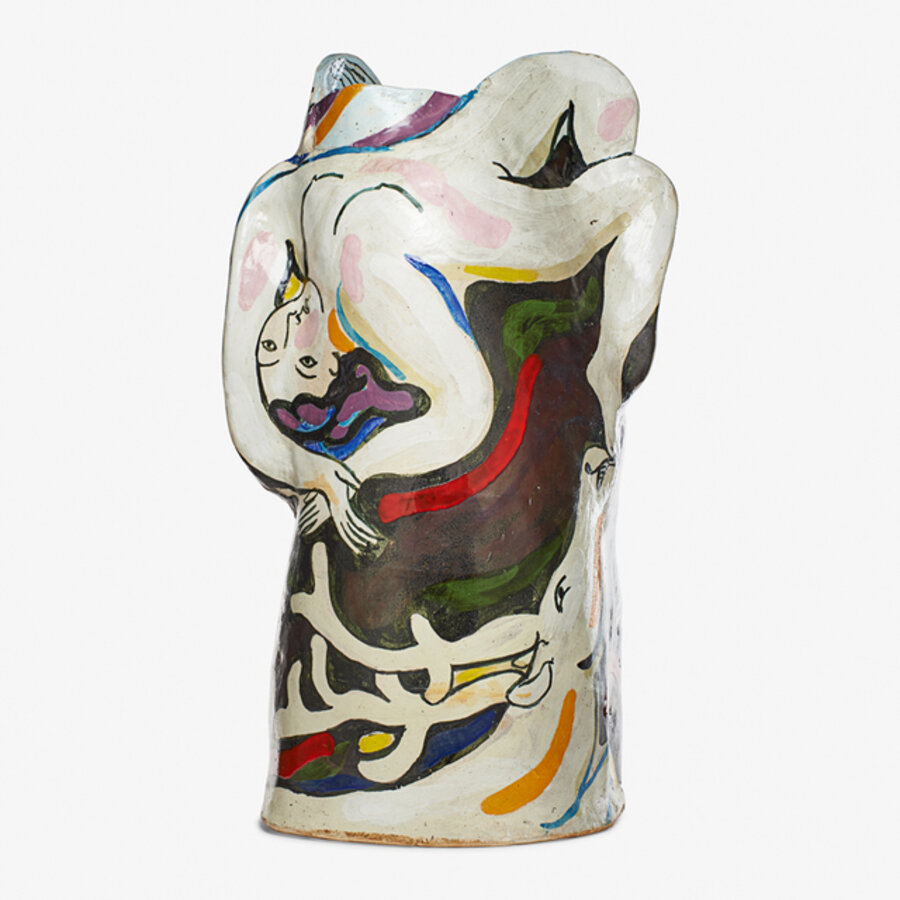 Fine massive sculptural vessel with nudes and reindeer, "Daughters of the Finnish Witch," Missoula, MT