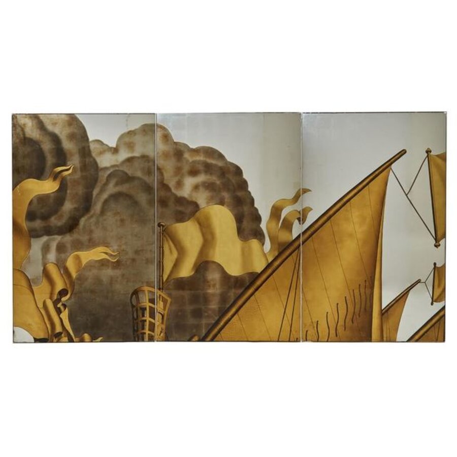 Triptych of Exceptional Verre Eglomise Panels from the Mural "The Rape of Europa" on the SS Normandie