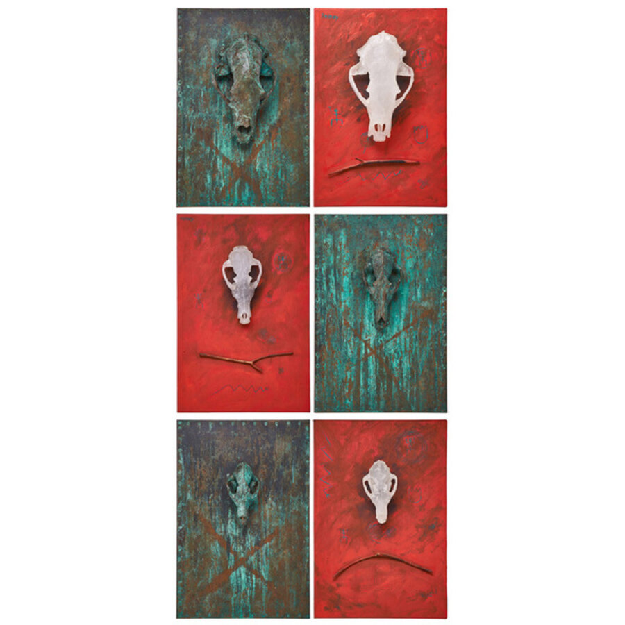Three two-piece wall-hanging skull diptychs (Black Bear, Coyote, and Fox), Napa, CA