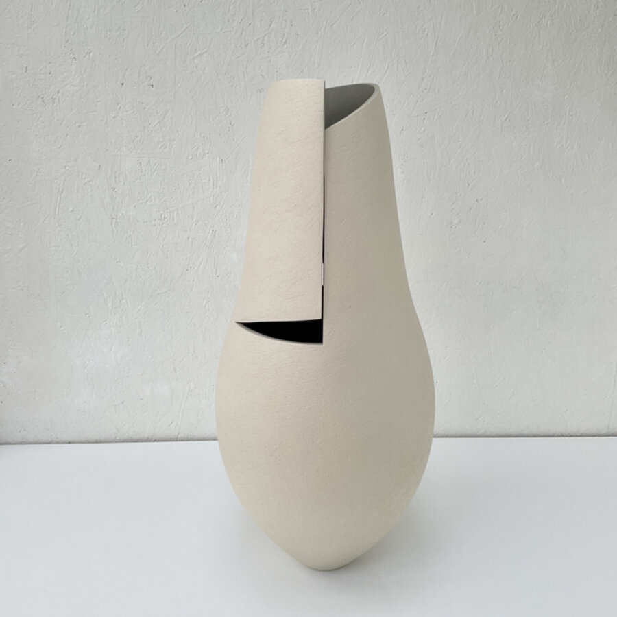 Tall Cut and Altered White Vessel with Grey Interior