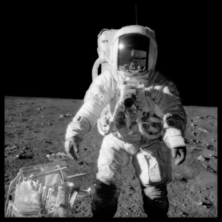 049 Alan Bean at Sharp Crater With the Handtool Carrier; Photographed by Charles Conrad, Apollo 12, November 14-24, 1969