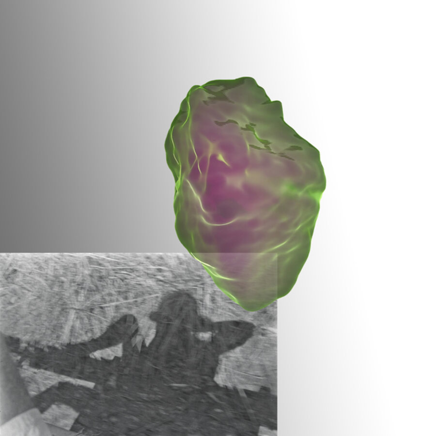 Hans Himmelheber, Portrait of his shadow, DR Congo, Kingulu, June 18, 1938, scan of a Chalcopyrite from Kipushi mine, and your reflection in the mirror, 2020
