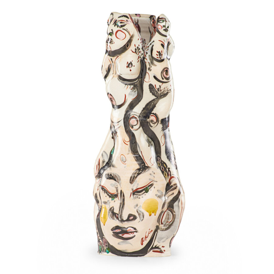 Tall vessel with faces and nude figures, Seattle, WA