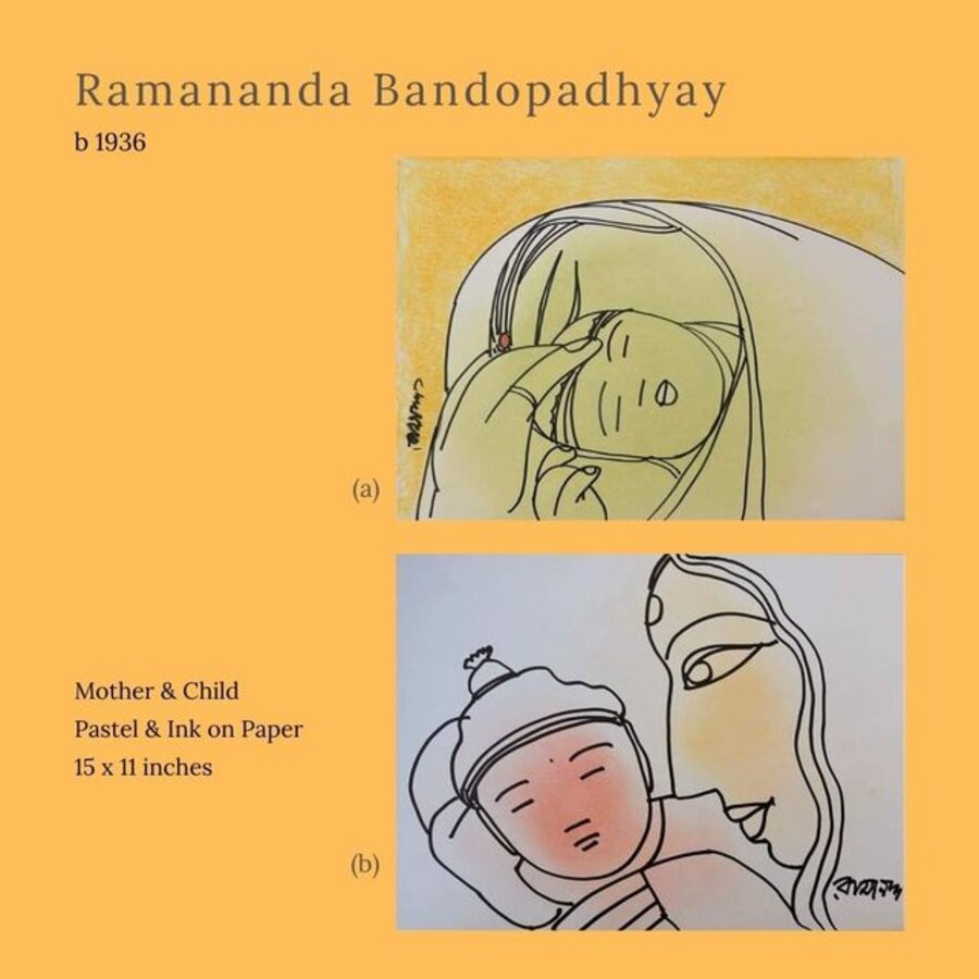 Mother & Child, Pastel Ink on Paper (Set of 2) by Modern Indian Artist "In Stock"