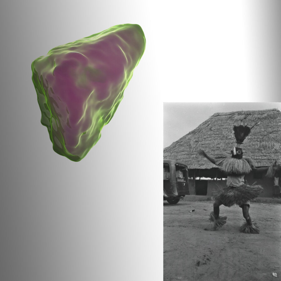 Hans Himmelheber, Masked figure with beak and crown of feathers, munyinga, DR Congo, Byombo region, May 20-22 1939, scan of a Chalcopyrite from Kipushi mine, and your reflection in the mirror, 2020