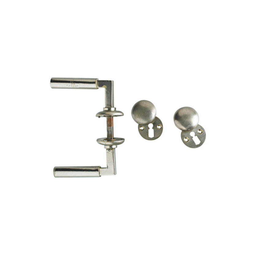 Set of two nickel-plated bronze and steel door handles, lock and lock plates