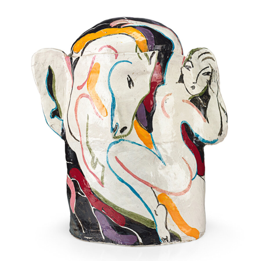 Massive lidded sculptural vessel (Women on Horseback), Missoula, MT