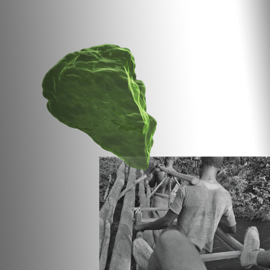 Hans Himmelheber, Photographed from the tipoye, DR Congo, Yaka region, January 1938, scan of a Dioptase from Tantara mine, and your reflection in the mirror, 2020