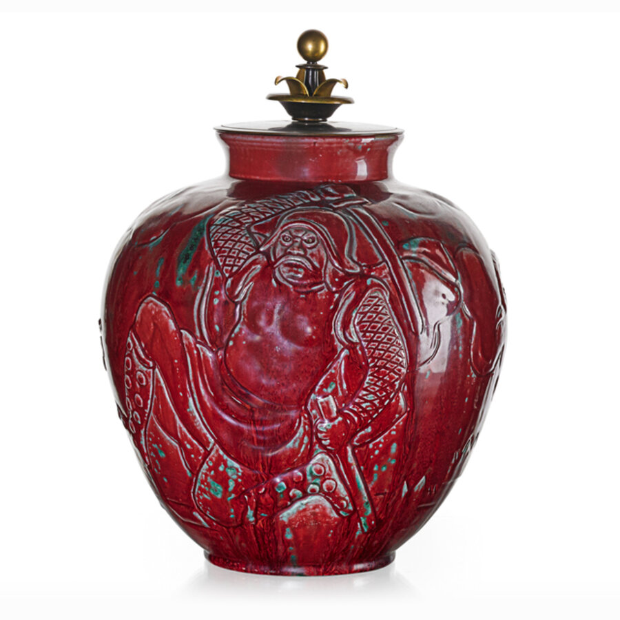 Large lidded vase with St. George and the Dragon, oxblood glaze