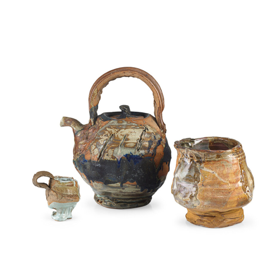 Rare, large teapot and coffee cup by Voulkos, tea bowl by student, Berkeley, CA