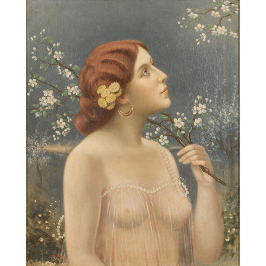 Figura femminile con ramo di fiori di pesco