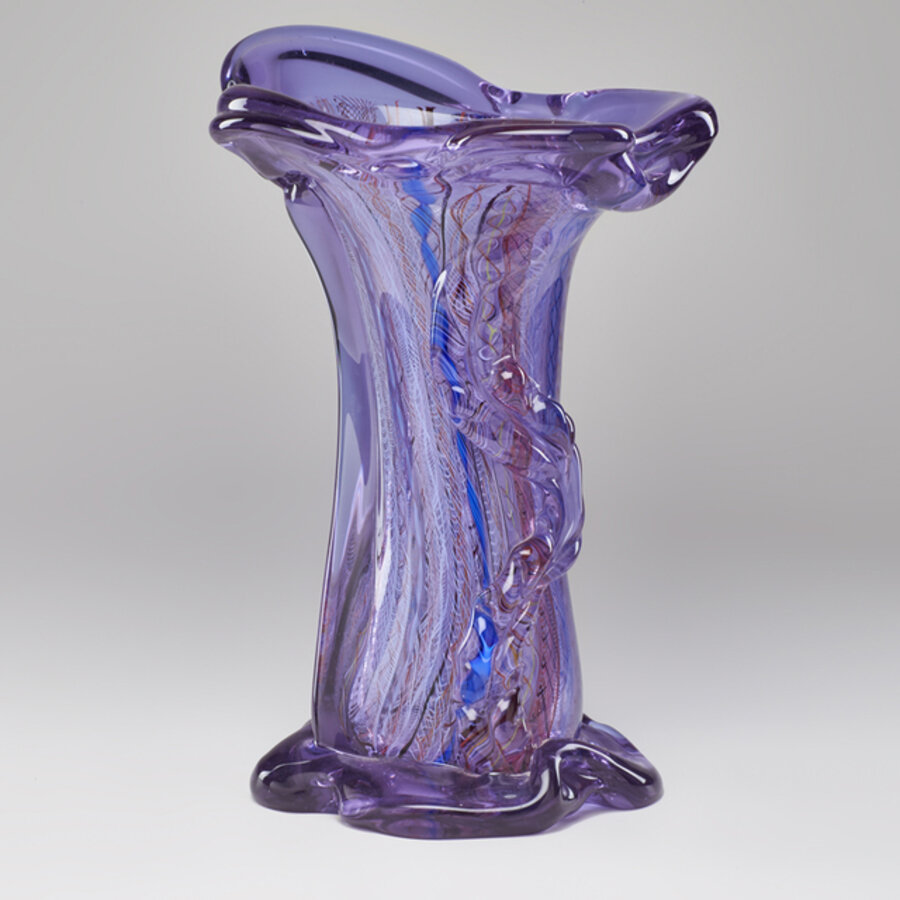 Neodymium Opaline Mongo vase with latticino inclusions