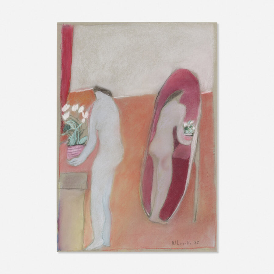 Woman Placing Bowl of Flowers and Oval Mirror