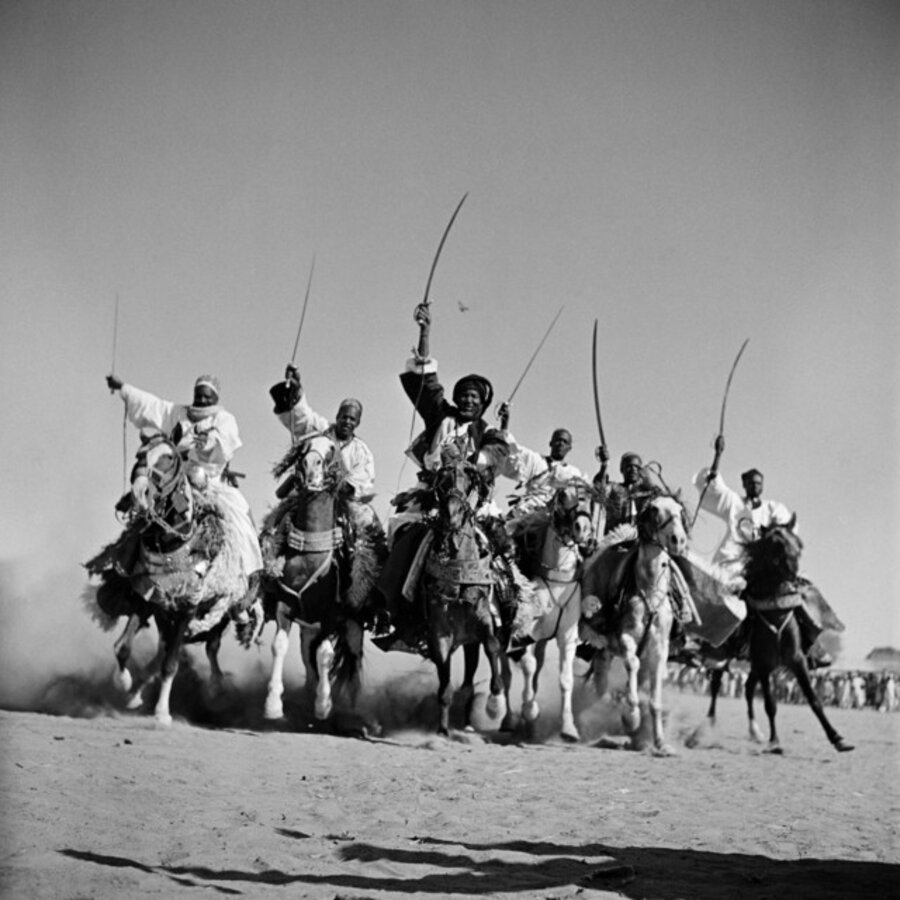 N'Djamena (formerly Fort Lamy). Hassau chieftains demonstrate their superb horsemanship in a "Fantasia". 1941 CHAD. Chari-Baguirmi.