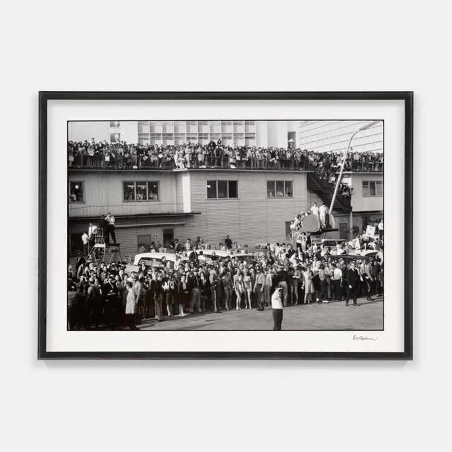 A welcoming committee of several thousand fans (and a chimpanzee) at Miami International Airport, 13 February 1964