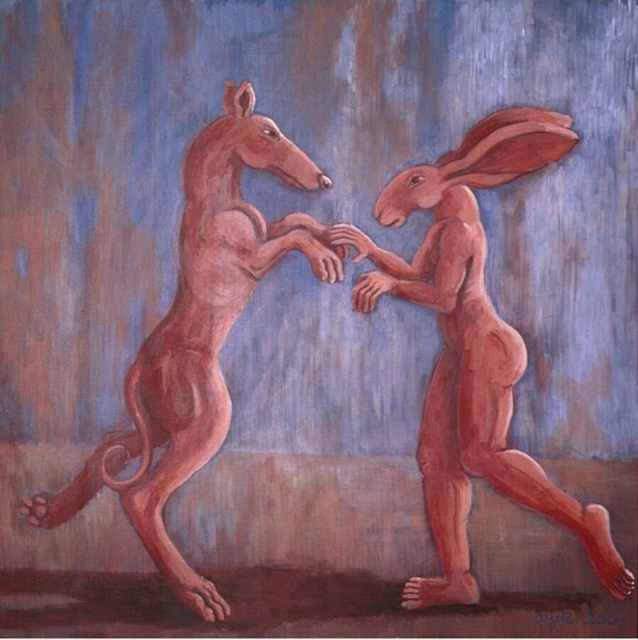 Pink Lady-Hare Dancing with Big Brown Dog