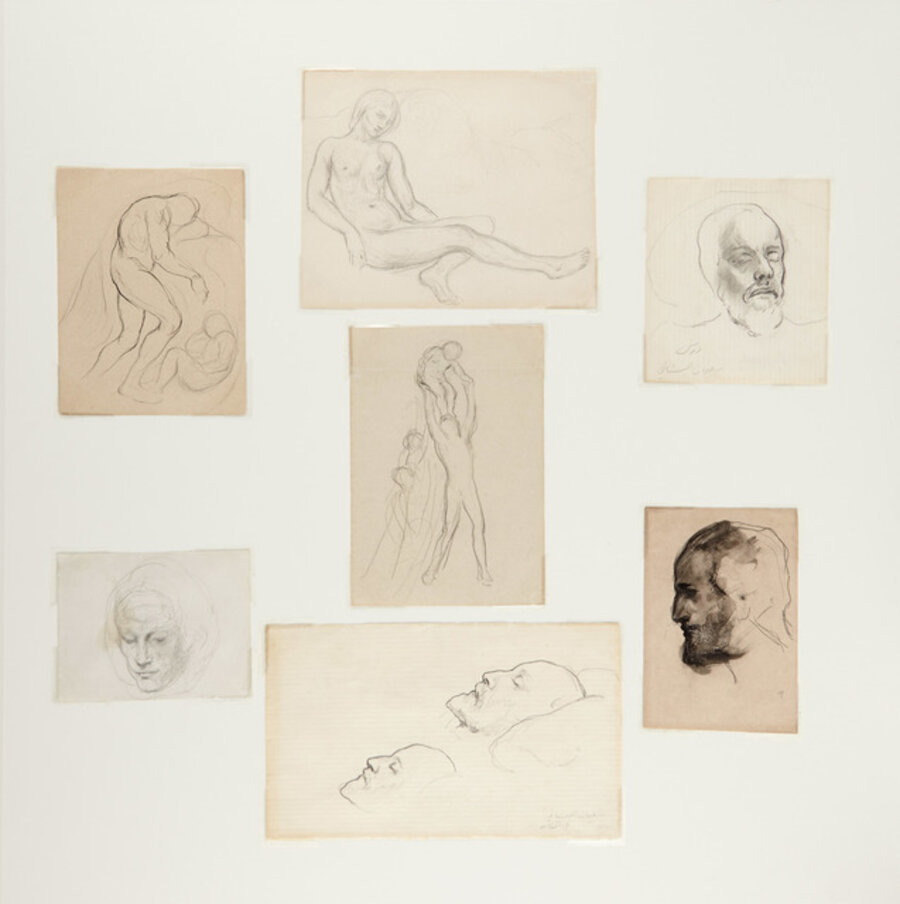 Group of seven drawings framed together