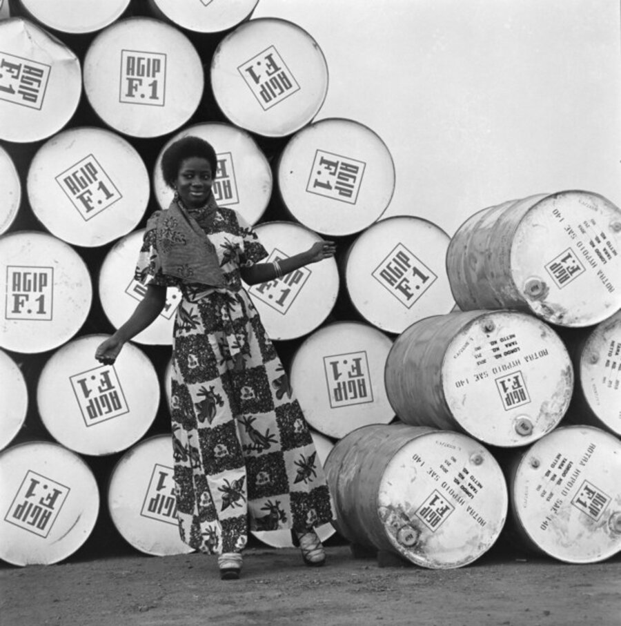 Model posing for the Agip F1 calendar, Accra, 1974-1975
