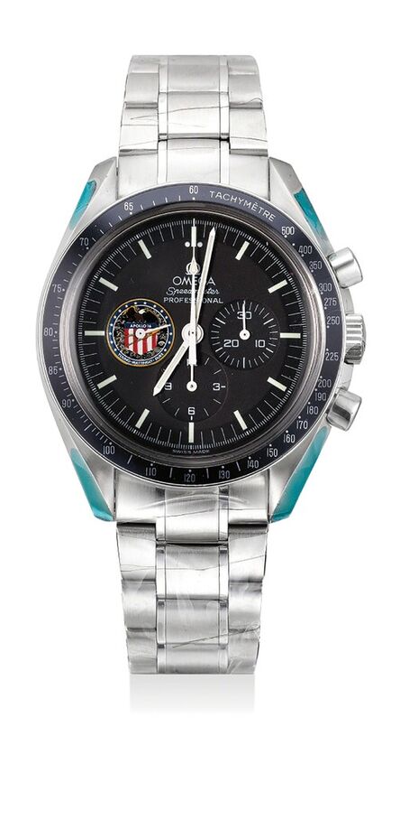 OMEGA, ‘A fine and attractive stainless steel chronograph wristwatch with bracelet, International Warranty, hang tag and presentation box, made to commemorate the Apollo XVI mission’, Circa 1998