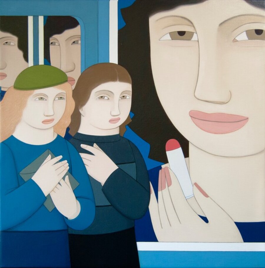Two Women Walking by an Advertisement