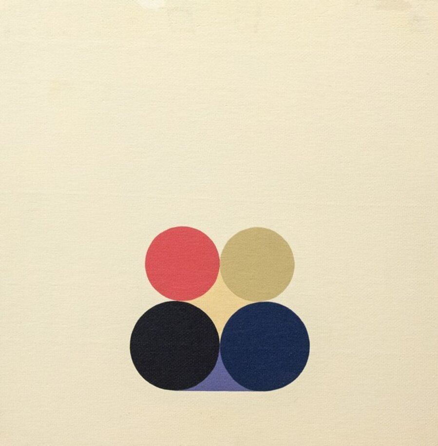 Primary Still Life No 4 - bright, geometric minimalist, acrylic on masonite
