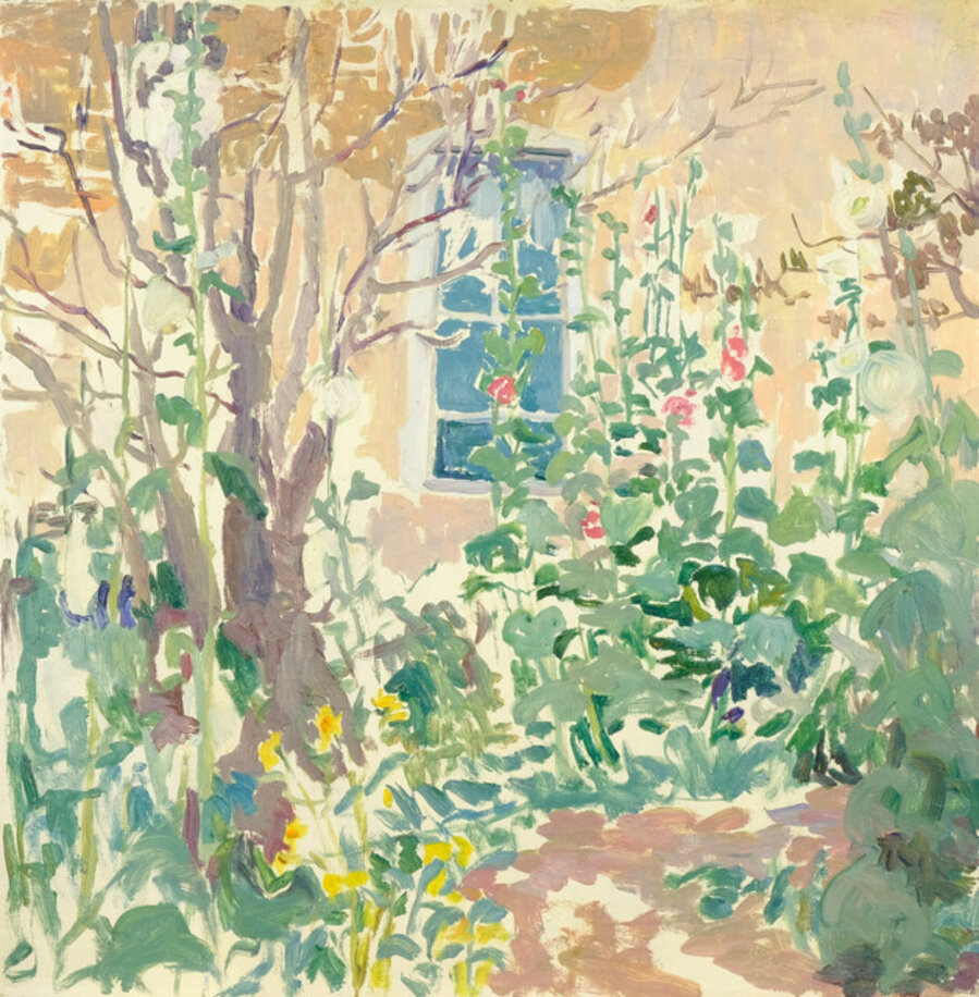 Hollyhocks Outside Blue Window