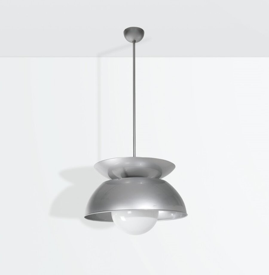 a Cetra pendant lamp with a nickeled metal structure and reflector and an opaline glass shade.