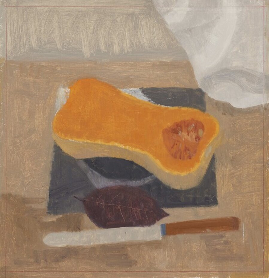 Study for Cut-open Butternut Squash with Red Leaf, Knife, White Cloth, and Photocopy