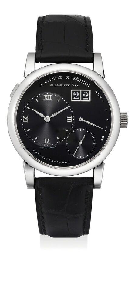 A. Lange & Söhne, ‘A rare and attractive platinum wristwatch with oversized date and power reserve’, Circa 2001