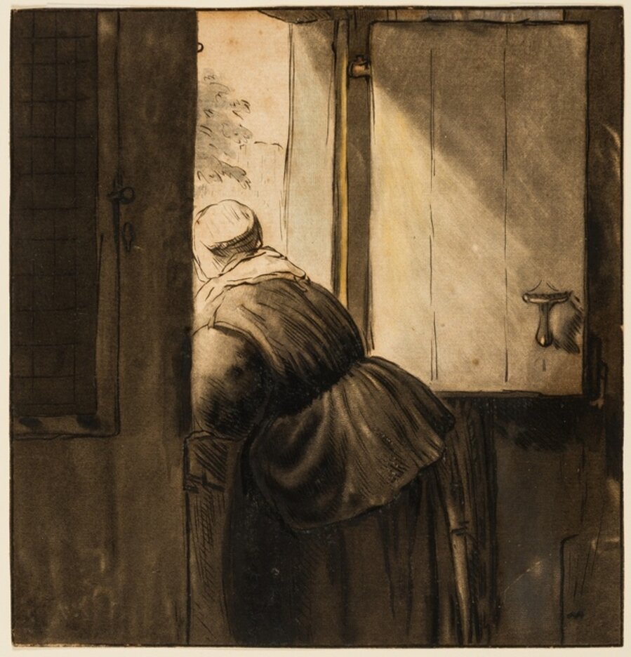 Woman Leaning over a Lower Door, after Nicolaes Maes (formerly attributed to Rembrandt van Rijn)