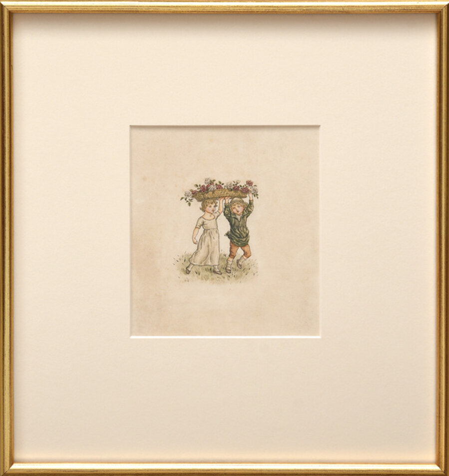 Two children with a basket of roses.