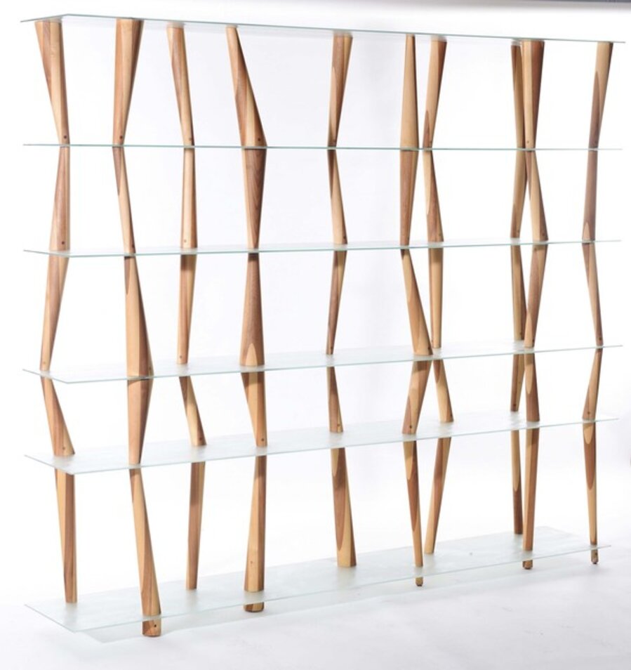 A Sendai Crystal bookcase with tempered glass shelves and a structure made up by elements in solid alder and hickory wood