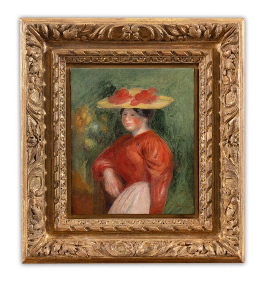 Jeune femme au corsage rouge et au chapeau jaune