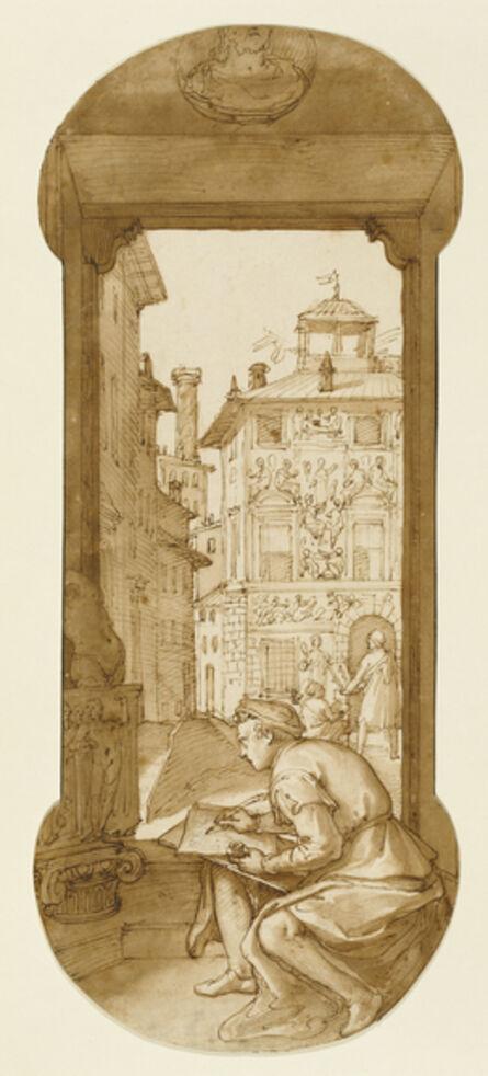 Federico Zuccaro, ‘Taddeo Drawing after the Antique, In the Background Copying a Facade by Polidoro’, 1595
