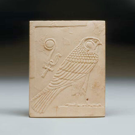 Unknown Egyptian, ‘Egyptian Double-Sided Limestone Plaque Depicting a Falcon and a Head’, 300 BC to 200 BC