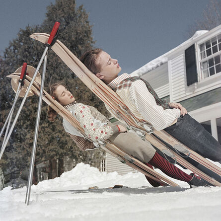 Slim Aarons, ‘New England Skiing, 1955: Two women recline on improvised sunbeds in Cranmore Mountain, New Hampshire’, 1955
