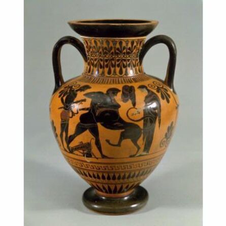 Unknown Artist, ‘Amphora for oil or wine with scene of Herakles wrestling the lion’, ca. 530