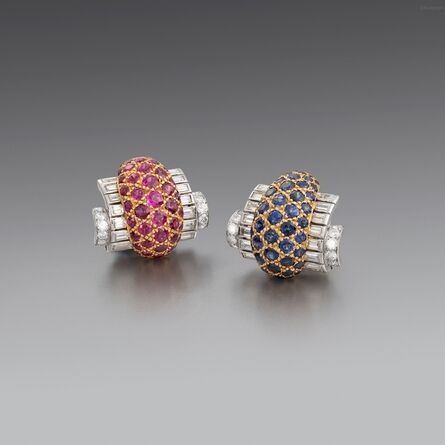 Cartier, ‘A Pair of Art Deco Diamond, Ruby and Sapphire Earrings’, London-1925