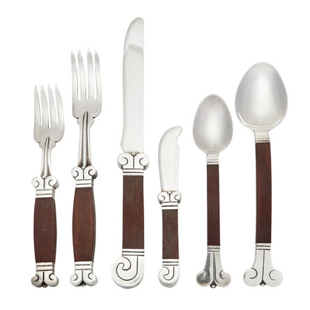 Hector Aguilar, ‘Sterling Silver and Rosewood Aztec Pattern Flatware Service’, 1940s