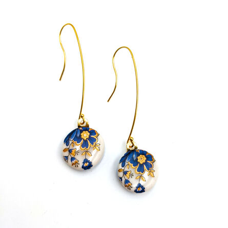 Melanie Sherman, ‘Dangles Blue & Gold Flowers Gold Filled Ear Wire Stoke On Trent Porcelain Jewelry Ceramic Earrings’, 2019