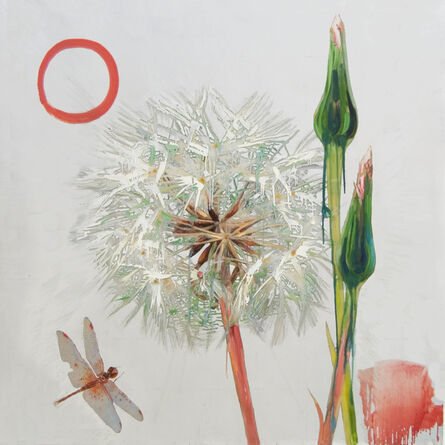 Hung Liu 刘虹, ‘Dandelion with Orange Dragonfly (silver) ’, 2020