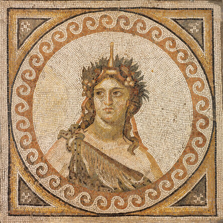 ‘Floor mosaic fragment depicting Bacchus, Roman’, 325-330