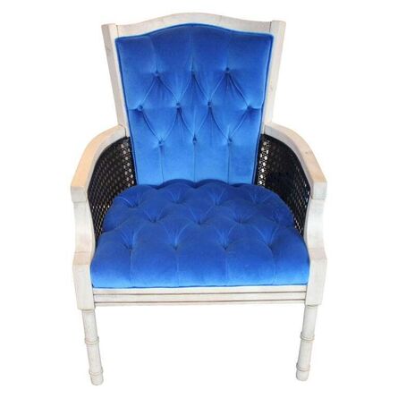 Baker Furniture Co., ‘Modern French Tufted Blue Velvet Bleached Lounge Chair with Cane Sides’, ca. 1960