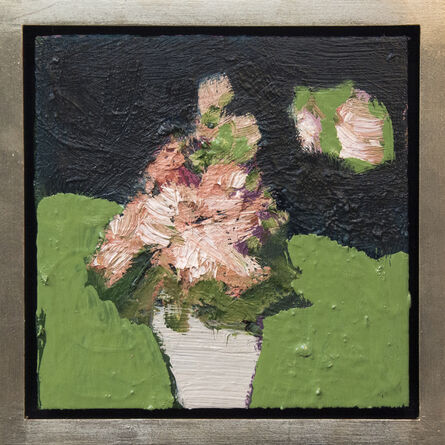 Jennifer Hornyak, ‘Grey Pot - small dark green, orange, pink, figurative still life oil’, 2016