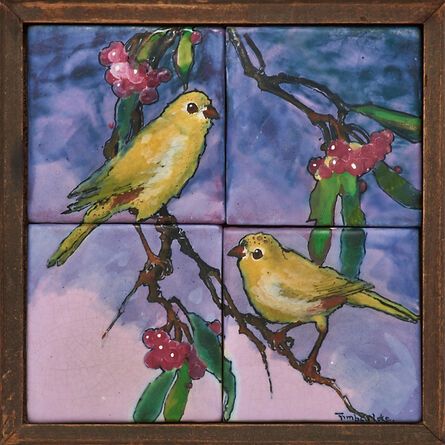 Mae Timberlake, ‘Rare four-tile Silvertone tableau with finches on holly branches, Zanesville, OH’, early 20th C.