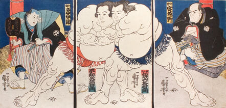 Utagawa Kuniyoshi, ‘Sumo Wrestlers Shiranui Dakuemon (center left), Tsurugizan Taniemon (center right), with Refree Shikimori Inosuke (left) and Judge Retied Wrestler Miyagino (right)’, ca. 1836